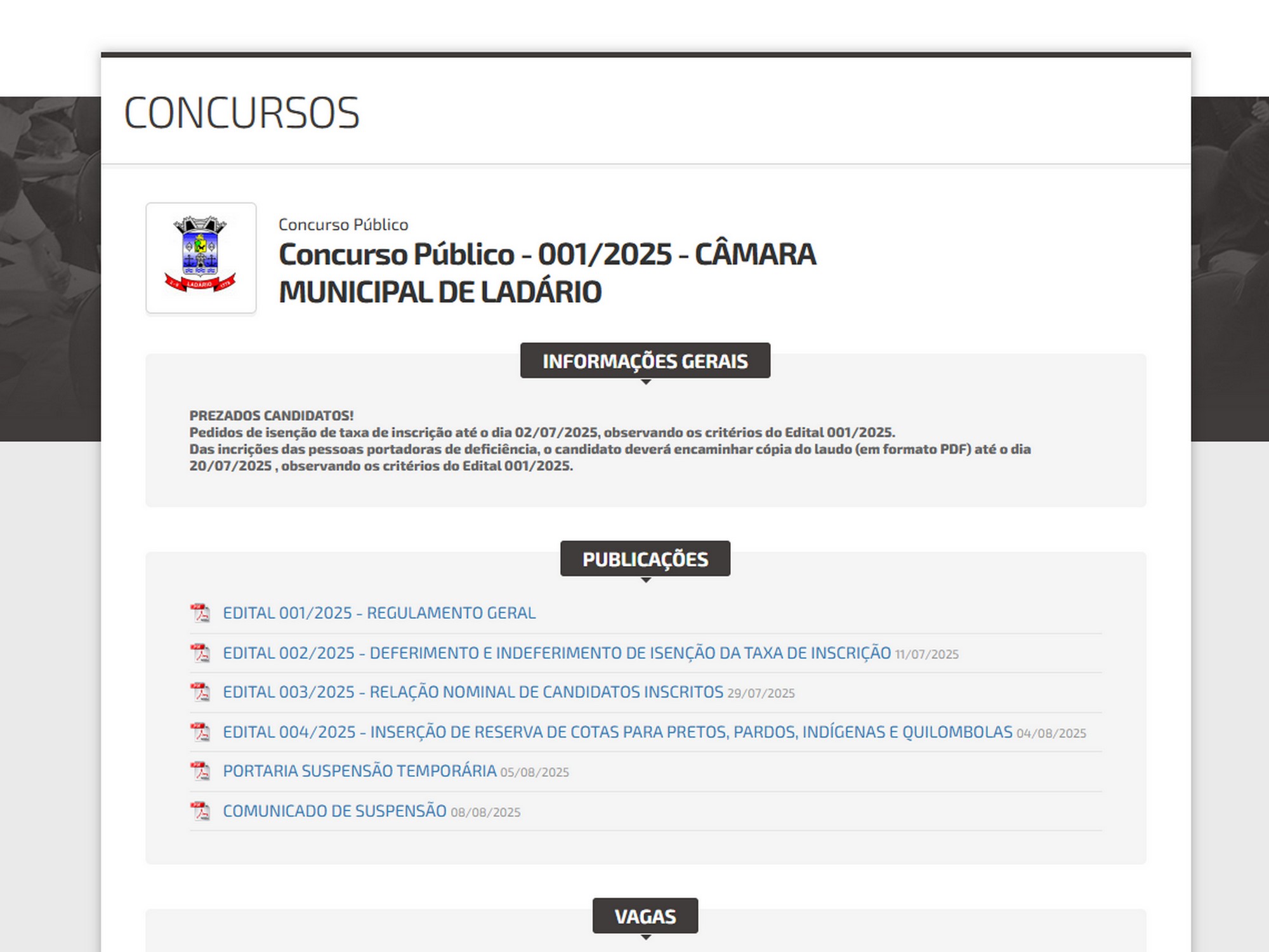 RETIFICAÇÃO DO EDITAL CONCURSO PÚBLICO - 001/2025 - CÂMARA MUNICIPAL DE LADÁRIO