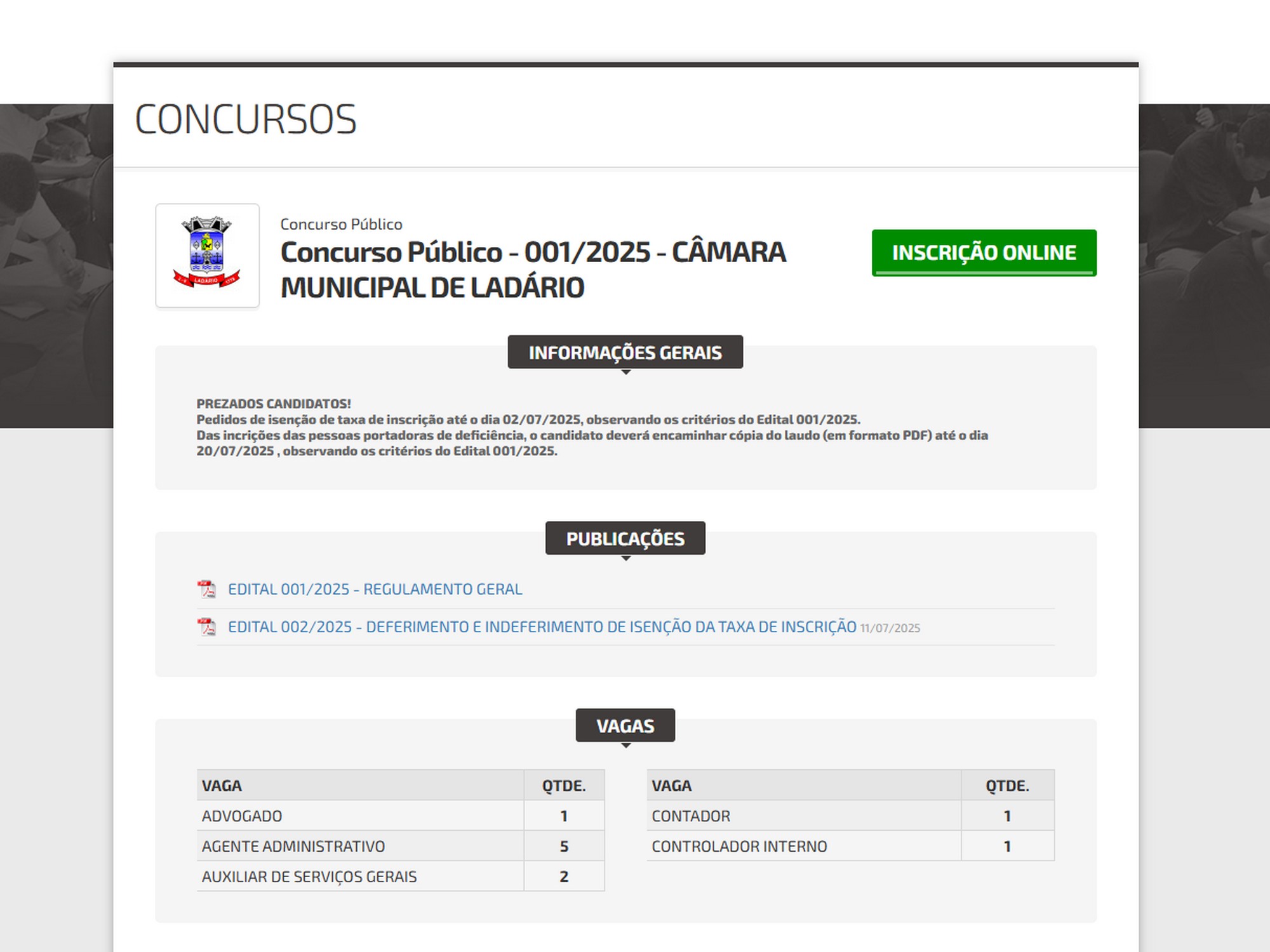 ÚLTIMA SEMANA DE INSCRIÇÕES DO CONCURSO PÚBLICO DA CÂMARA MUNICIPAL DE LADÁRIO